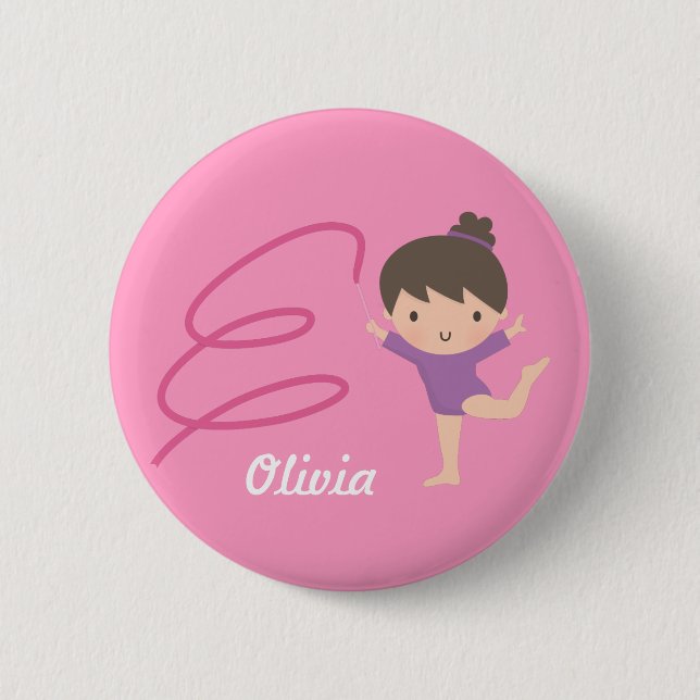 Cute Little Gymnast Girl and Ribbon Gymnastics Pinback Button (Front)