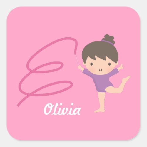 Cute Little Gymnast Girl and Ribbon Gymnastics Square Sticker