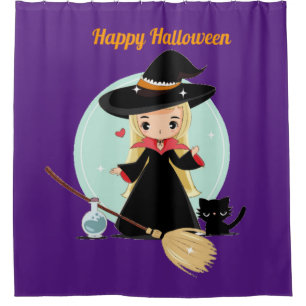 Cute Little Halloween Witch And Kitty Shower Curtain