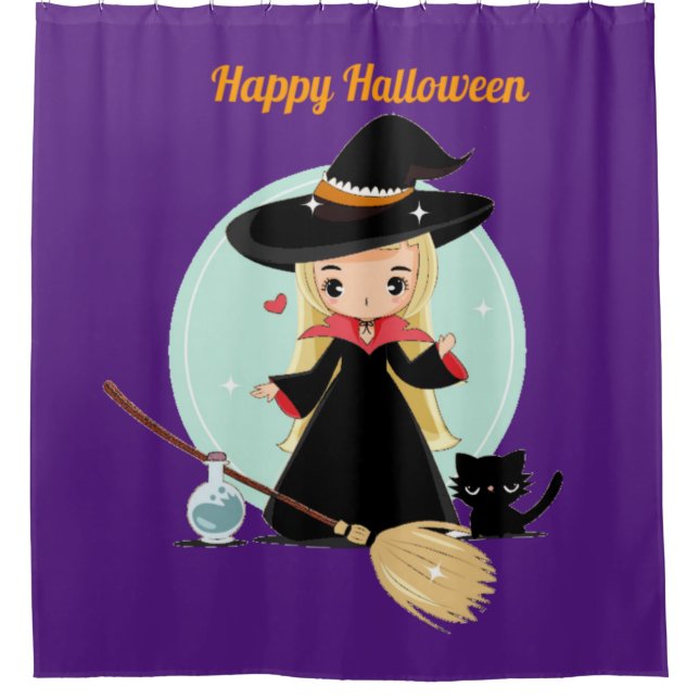 Cute Little Halloween Witch And Kitty Shower Curtain (Front)