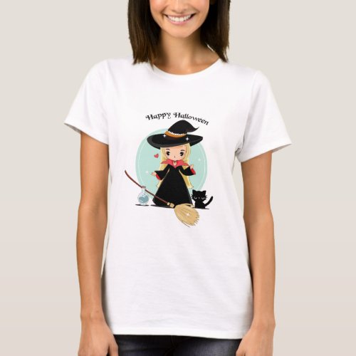 Cute Little Halloween Witch And Kitty T_Shirt