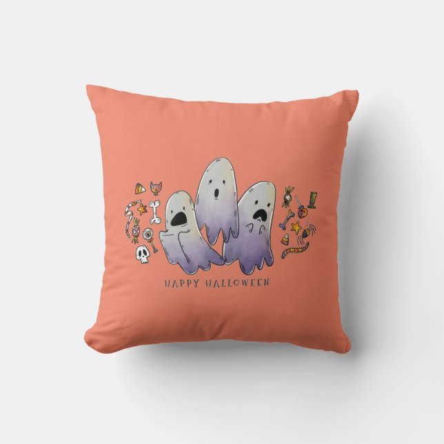 Cute Little Halloween Witch And Kitty Throw Pillow (Front)