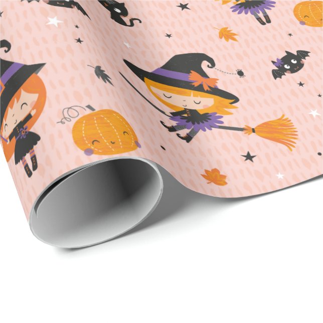 Cute Little Halloween Witches, Cats and Bats Wrapping Paper (Roll Corner)