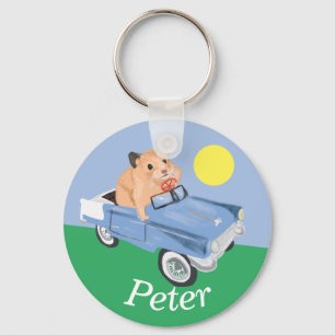 Cute little Hamster Driving a blue car Keychain