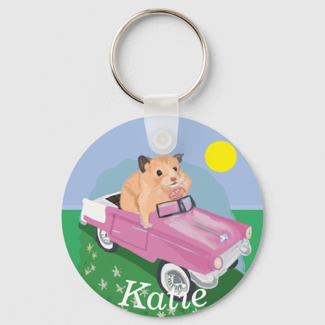 Cute little Hamster Driving a pink car Keychain (Front)