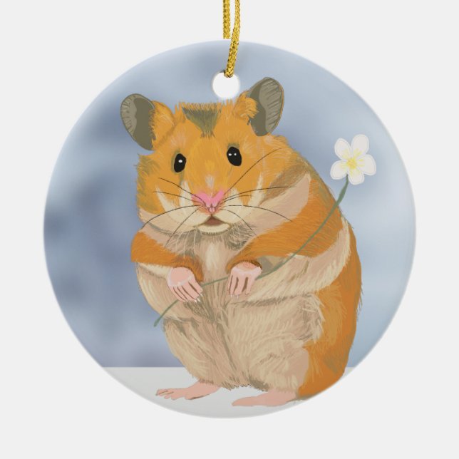 Cute little Hamster holding a flower Ceramic Ornament (Front)