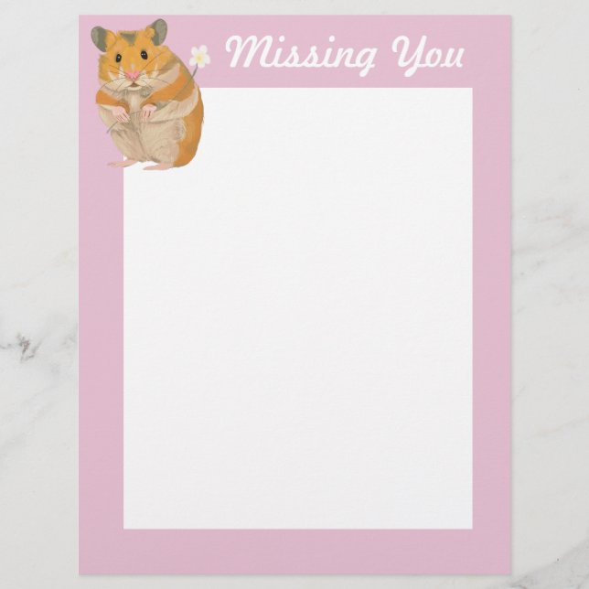 Cute little Hamster holding a flower “Missing You” Letterhead (Front)