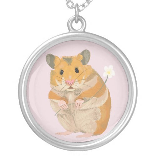 Cute little Hamster holding a flower Silver Plated Necklace