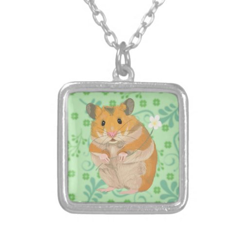 Cute little Hamster holding a flower Silver Plated Necklace