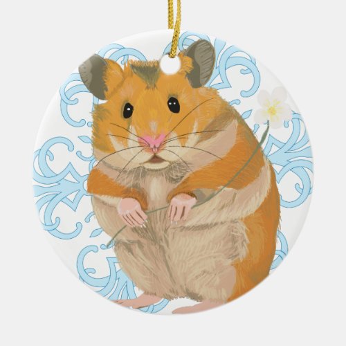 Cute little Hamster holding a flower  snowflake Ceramic Ornament