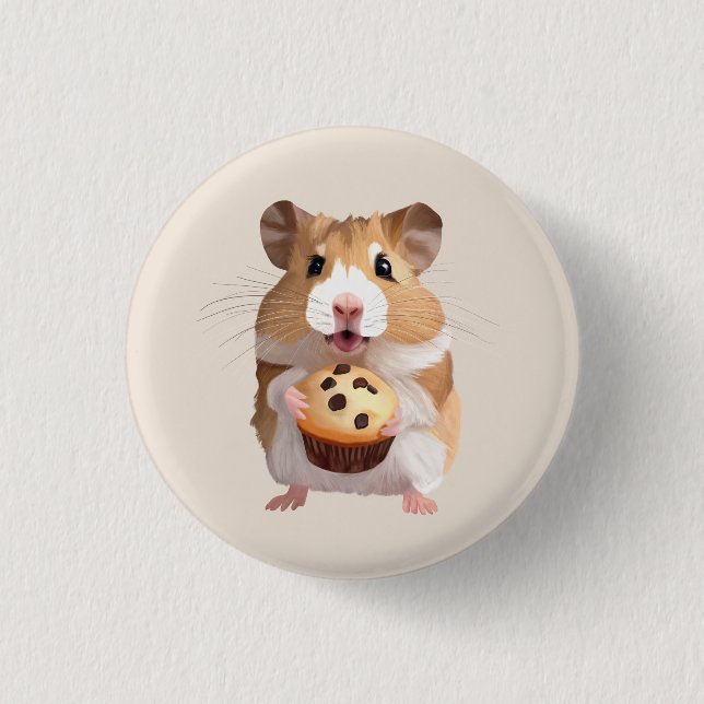 Cute Little Hamster Holding A Muffin Button (Front)