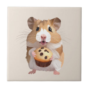 Cute Little Hamster Holding A Muffin Ceramic Tile
