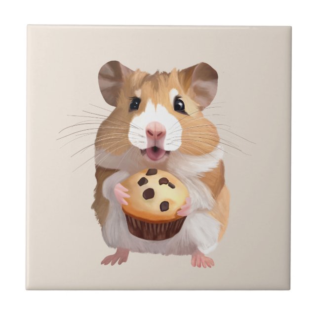 Cute Little Hamster Holding A Muffin Ceramic Tile (Front)