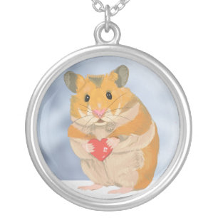Cute little Hamster holding a red heart Silver Plated Necklace