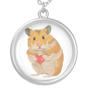 Cute little Hamster holding a red heart Silver Plated Necklace