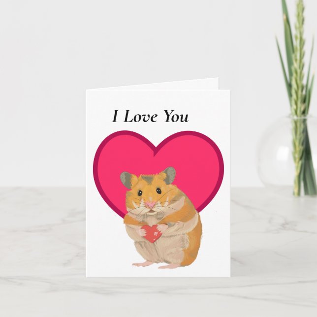 Cute little Hamster holding a red heart Valentines Card (Front)
