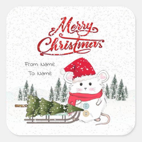 Cute Little Hamster Merry Christmas Tree Square Sticker