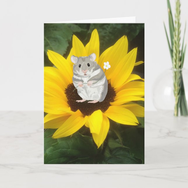 Cute Little Hamster Sitting In Yellow Sunflower  Card (Front)