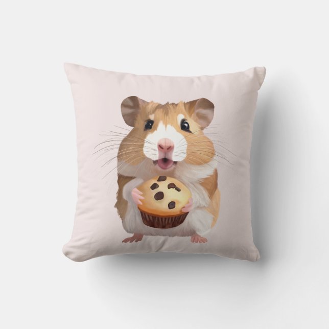 Cute Little Hamster With Muffin Throw Pillow (Front)