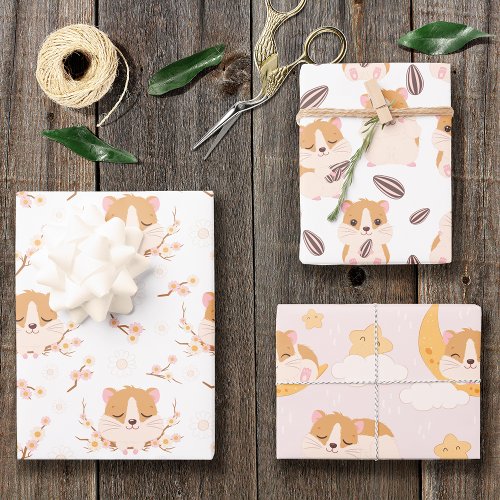 Cute Little Hamsters Three Pattern Birthday Wrapping Paper Sheets