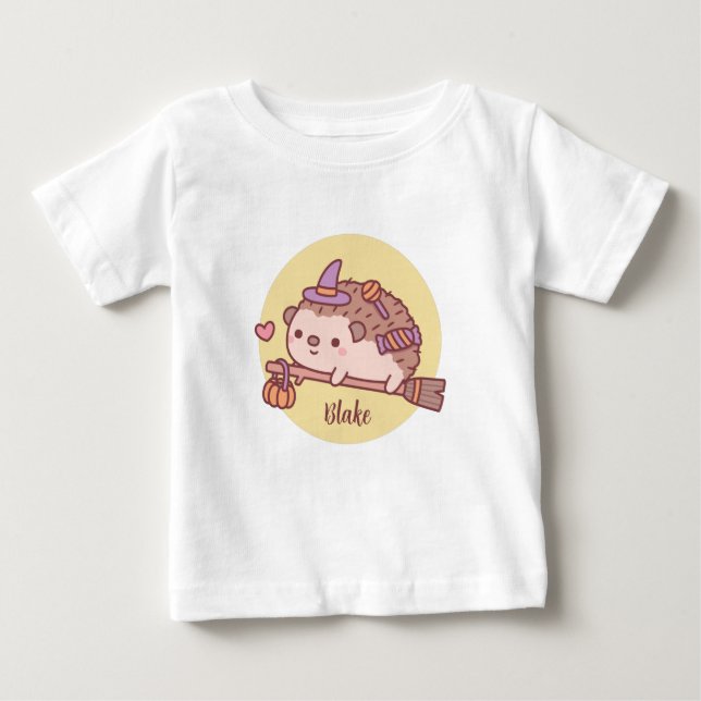 Cute Little Hedgehog Witch Flying On A Broom Baby T-Shirt (Front)