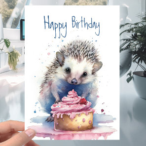 Cute Little Hedgehog with Cake - Any age Birthday Card