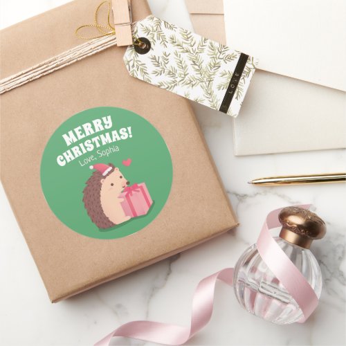 Cute Little Hedgehog With Christmas Present Classic Round Sticker