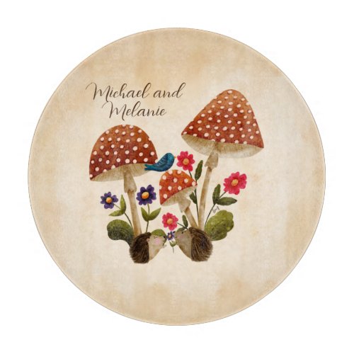 Cute Little Hedgehogs with Mushrooms and Flowers Cutting Board