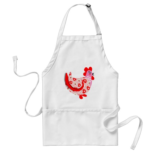 Cute Little Hen Pink Red Flower and Hearts Pattern Adult Apron (Front)
