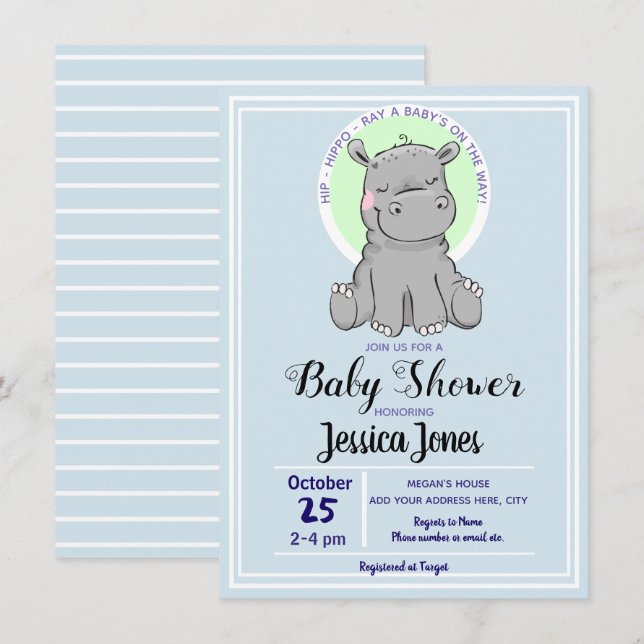 Cute Little Hippo Baby Shower Invitations (Front/Back)