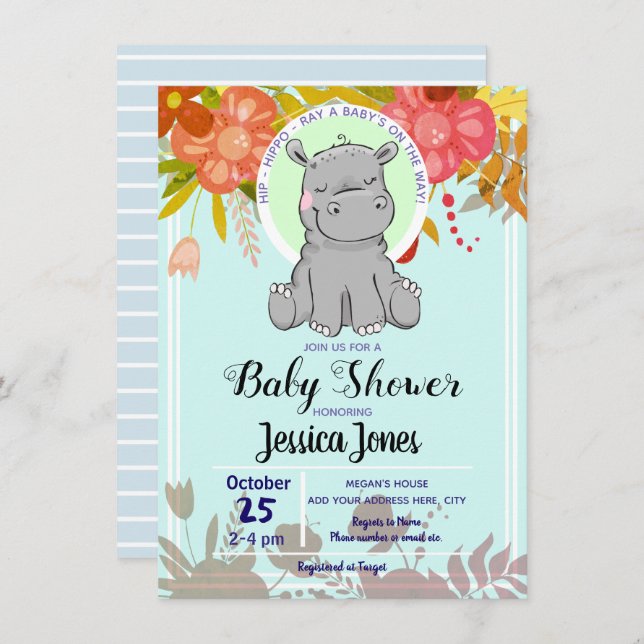 Cute Little Hippo Floral Baby Shower Invitations (Front/Back)