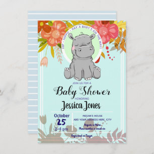 Cute Little Hippo Floral Baby Shower Invitations