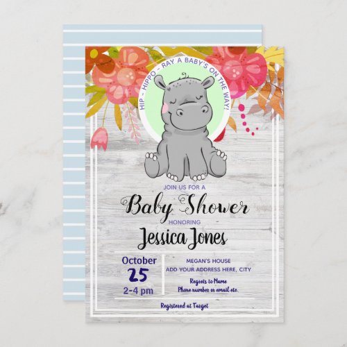 Cute Little Hippo Floral Baby Shower Invitations