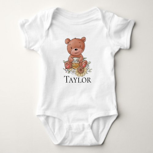 Cute Little Honey Bear with Custom Name Baby Bodysuit
