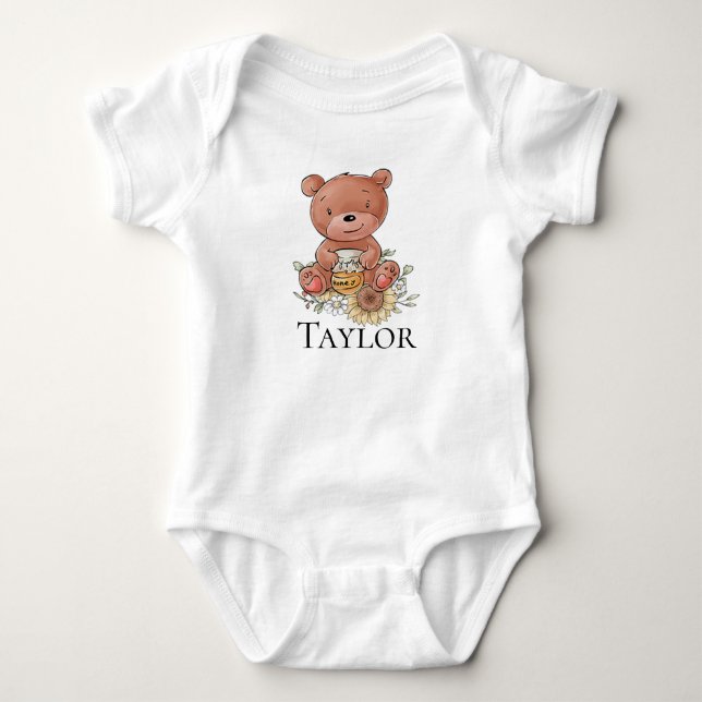 Cute Little Honey Bear with Custom Name Baby Bodysuit (Front)