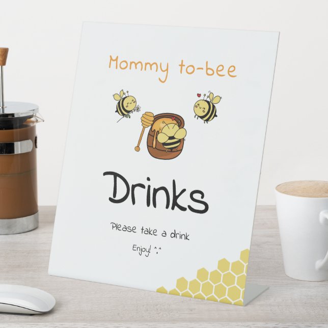 Cute Little Honeybee With Sweet Honey Drinks Pedestal Sign (In SItu)