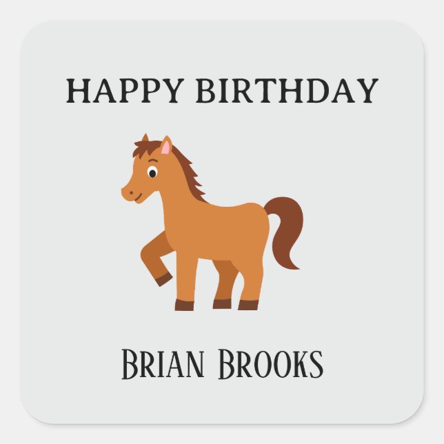 Cute little horse custom name birthday square sticker (Front)