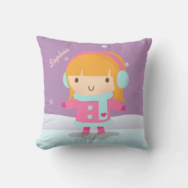 Cute Little Ice Skater Winter Girl Bedroom Throw Pillow (Front)