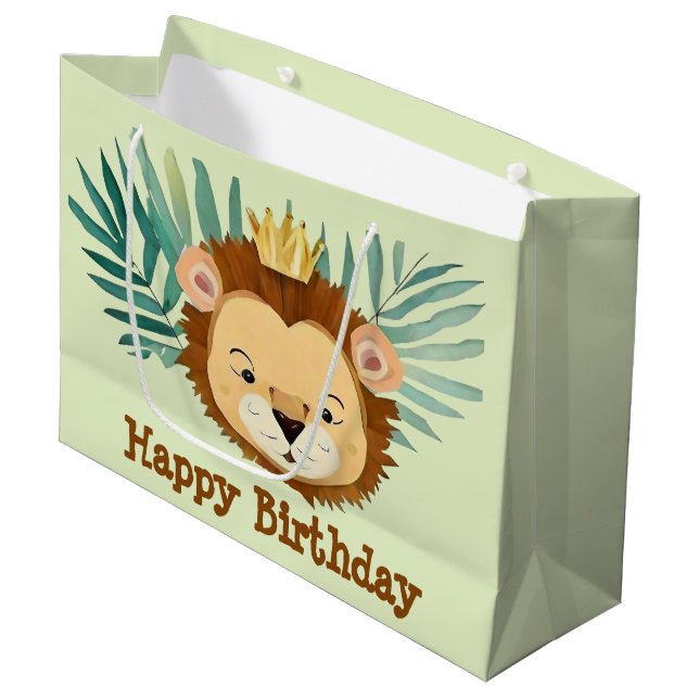 Cute Little Jungle Lion Birthday Large Gift Bag (Front Angled)