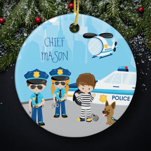 Cute Little Kid Cartoon Policeman Name Christmas Ceramic Ornament