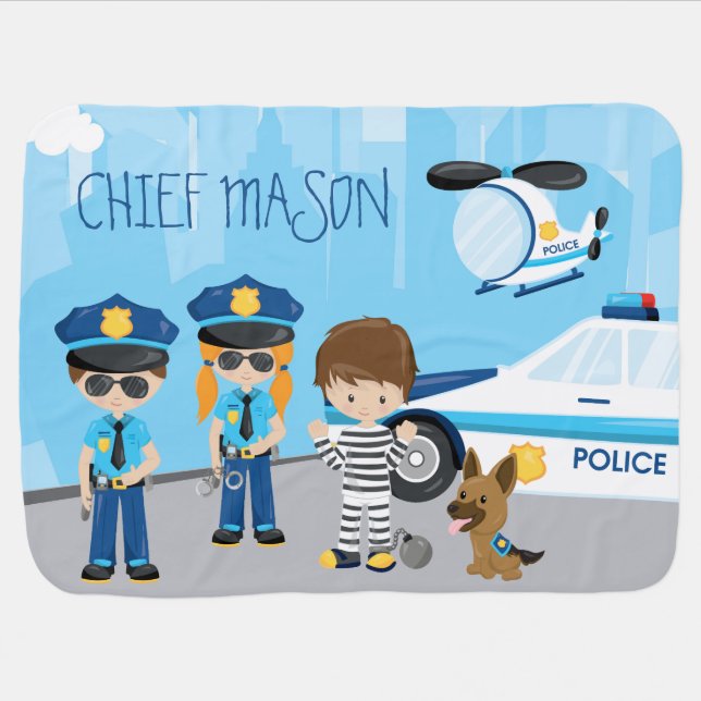 Cute Little Kid Cartoon Policeman with First Name Baby Blanket (Horizontal)
