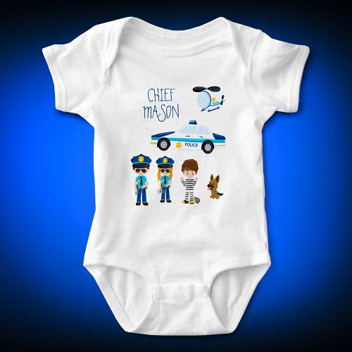 Cute Little Kid Cartoon Policeman with First Name Baby Bodysuit