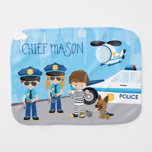 Cute Little Kid Cartoon Policeman with First Name Baby Burp Cloth