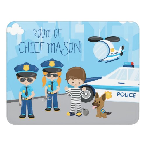 Cute Little Kid Cartoon Policeman with First Name Door Sign