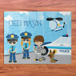 Cute Little Kid Cartoon Policeman with First Name Jigsaw Puzzle<br><div class="desc">Give your little policeboy or policegirl his or her own policeman-themed personalized jigsaw puzzle! Puzzle has two police officers -- one a boy and one a girl. Both are wearing sunglasses, hats, and have badges, and one is holding handcuffs. There is a prisoner next to the officers as well as...</div>