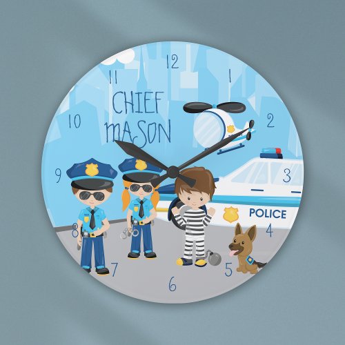 Cute Little Kid Cartoon Policeman with First Name Large Clock