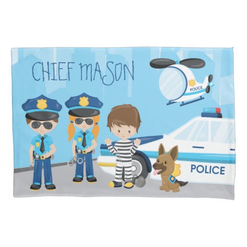 Cute Little Kid Cartoon Policeman with First Name Pillow Case