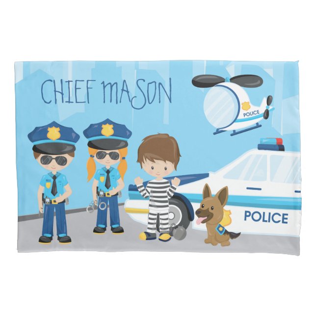 Cute Little Kid Cartoon Policeman with First Name Pillow Case (Front)