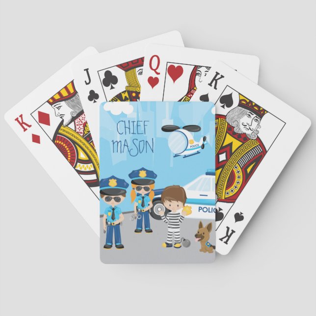 Cute Little Kid Cartoon Policeman with First Name Poker Cards (Back)