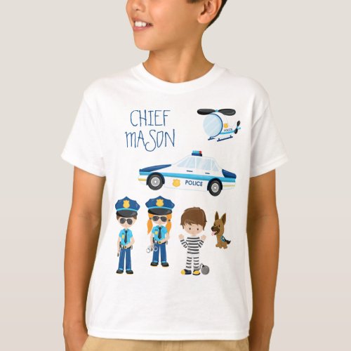 Cute Little Kid Cartoon Policeman with First Name T_Shirt
